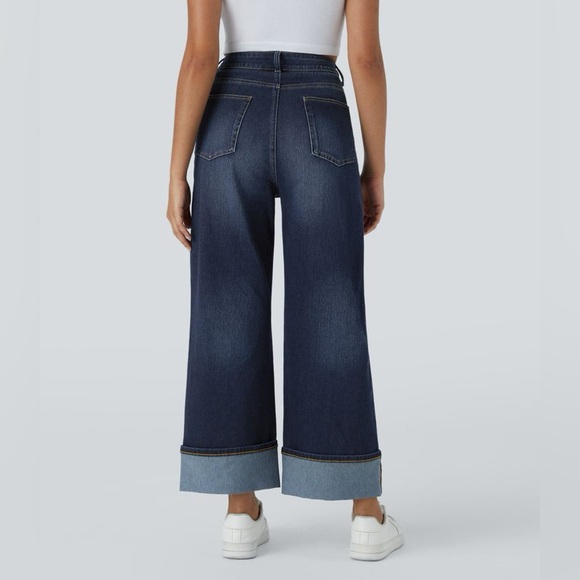 HALARA Flex High Waisted Rolled Hem Wide Leg Jeans In Distressed Denim Dark NWT - Picture 2 of 7